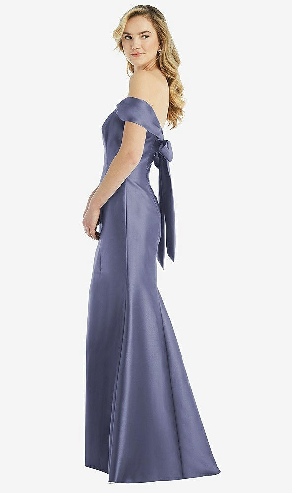 Front View - French Blue Off-the-Shoulder Bow-Back Satin Trumpet Gown