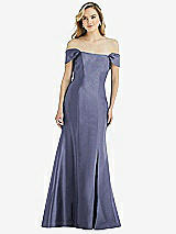 Side View Thumbnail - French Blue Off-the-Shoulder Bow-Back Satin Trumpet Gown