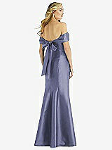 Rear View Thumbnail - French Blue Off-the-Shoulder Bow-Back Satin Trumpet Gown