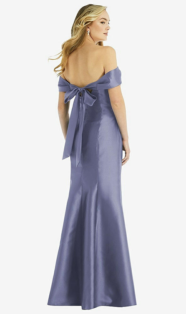 Back View - French Blue Off-the-Shoulder Bow-Back Satin Trumpet Gown