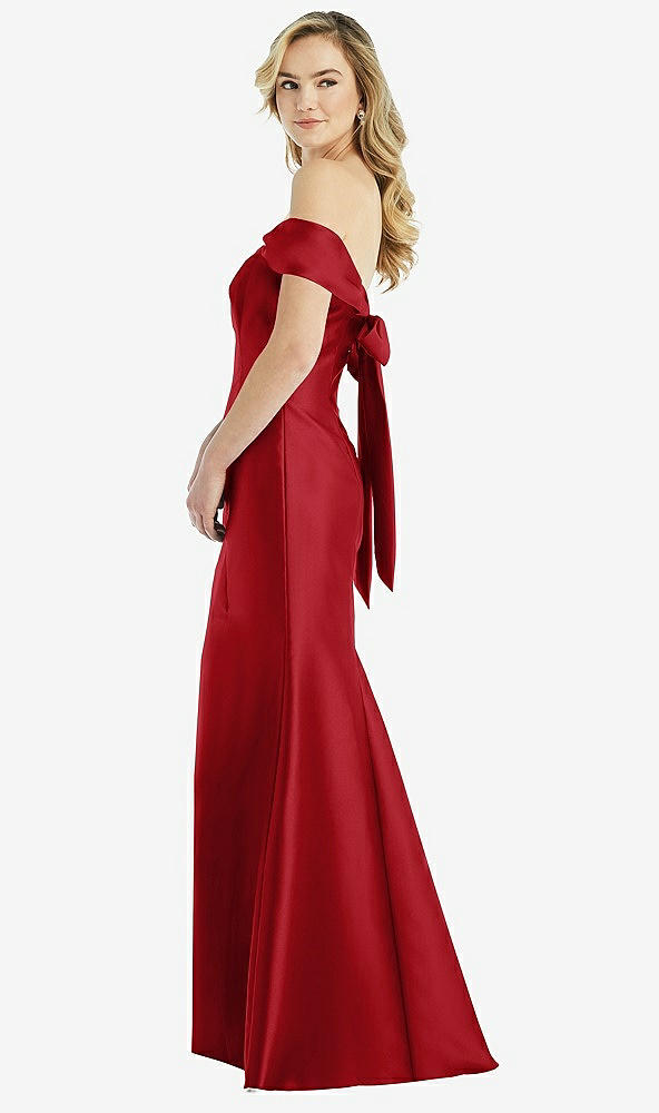 Front View - Garnet Off-the-Shoulder Bow-Back Satin Trumpet Gown