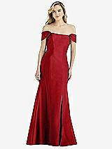 Side View Thumbnail - Garnet Off-the-Shoulder Bow-Back Satin Trumpet Gown