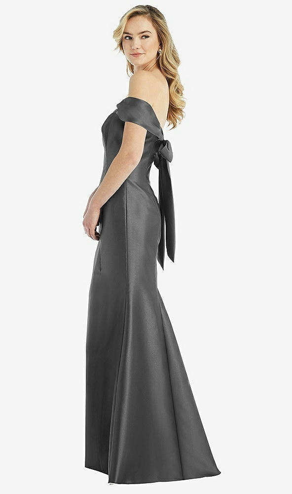 Front View - Gunmetal Off-the-Shoulder Bow-Back Satin Trumpet Gown