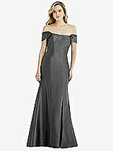 Side View Thumbnail - Gunmetal Off-the-Shoulder Bow-Back Satin Trumpet Gown