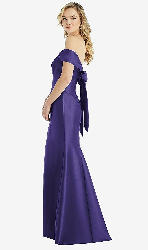 Front View - Grape Off-the-Shoulder Bow-Back Satin Trumpet Gown