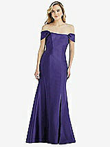 Side View Thumbnail - Grape Off-the-Shoulder Bow-Back Satin Trumpet Gown