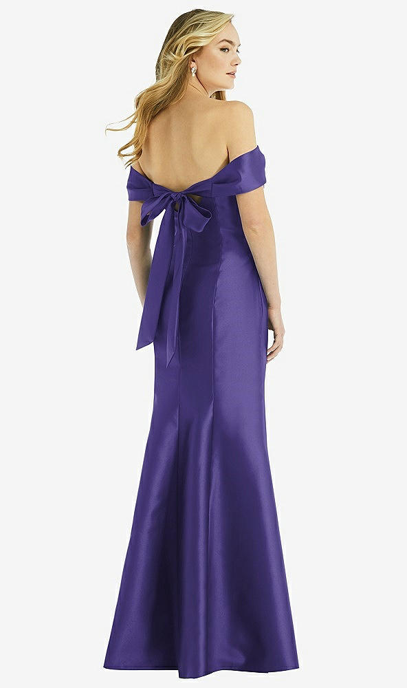 Back View - Grape Off-the-Shoulder Bow-Back Satin Trumpet Gown