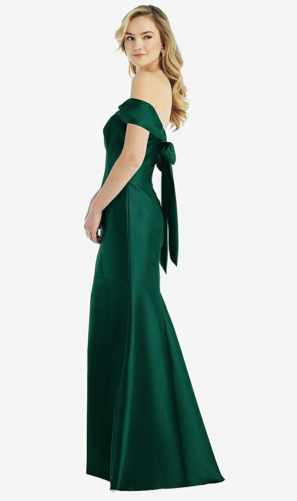 Front View - Hunter Green Off-the-Shoulder Bow-Back Satin Trumpet Gown