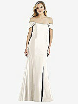 Side View Thumbnail - Ivory Off-the-Shoulder Bow-Back Satin Trumpet Gown