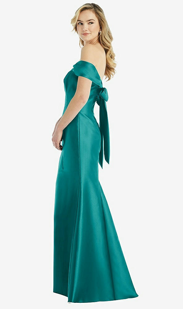 Front View - Jade Off-the-Shoulder Bow-Back Satin Trumpet Gown