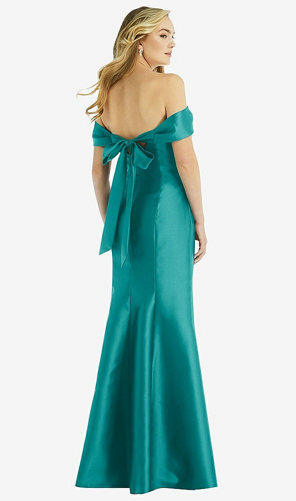 Back View - Jade Off-the-Shoulder Bow-Back Satin Trumpet Gown