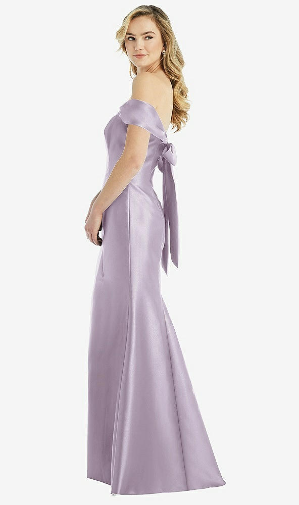 Front View - Lilac Haze Off-the-Shoulder Bow-Back Satin Trumpet Gown