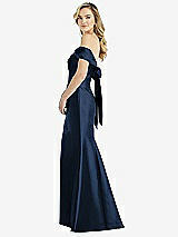 Front View Thumbnail - Midnight Navy Off-the-Shoulder Bow-Back Satin Trumpet Gown