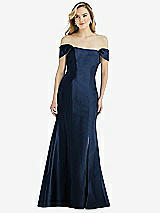 Side View Thumbnail - Midnight Navy Off-the-Shoulder Bow-Back Satin Trumpet Gown