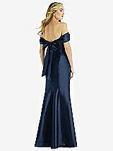 Rear View Thumbnail - Midnight Navy Off-the-Shoulder Bow-Back Satin Trumpet Gown