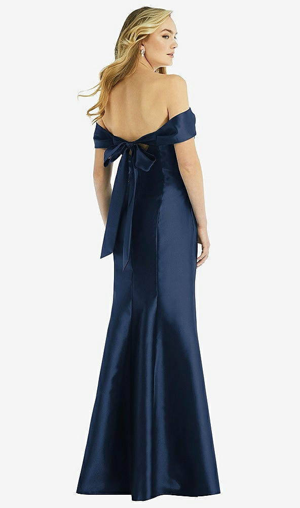 Back View - Midnight Navy Off-the-Shoulder Bow-Back Satin Trumpet Gown