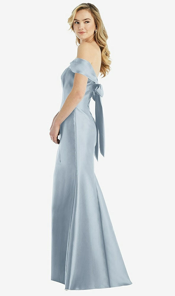 Front View - Mist Off-the-Shoulder Bow-Back Satin Trumpet Gown