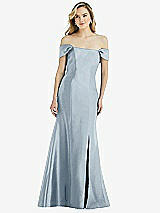 Side View Thumbnail - Mist Off-the-Shoulder Bow-Back Satin Trumpet Gown