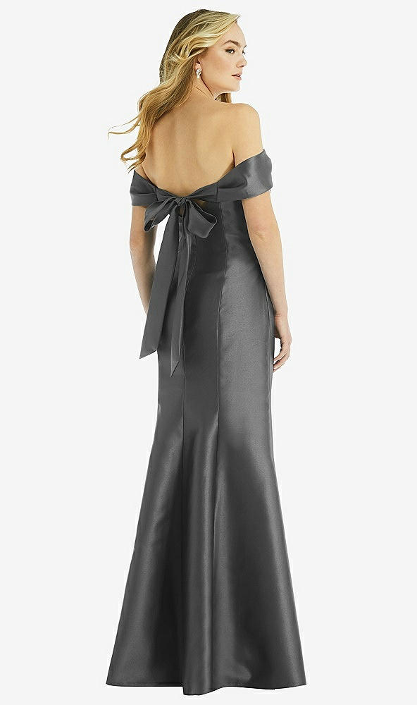 Back View - Pewter Off-the-Shoulder Bow-Back Satin Trumpet Gown