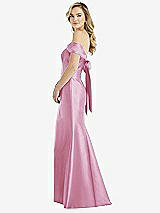Front View Thumbnail - Powder Pink Off-the-Shoulder Bow-Back Satin Trumpet Gown