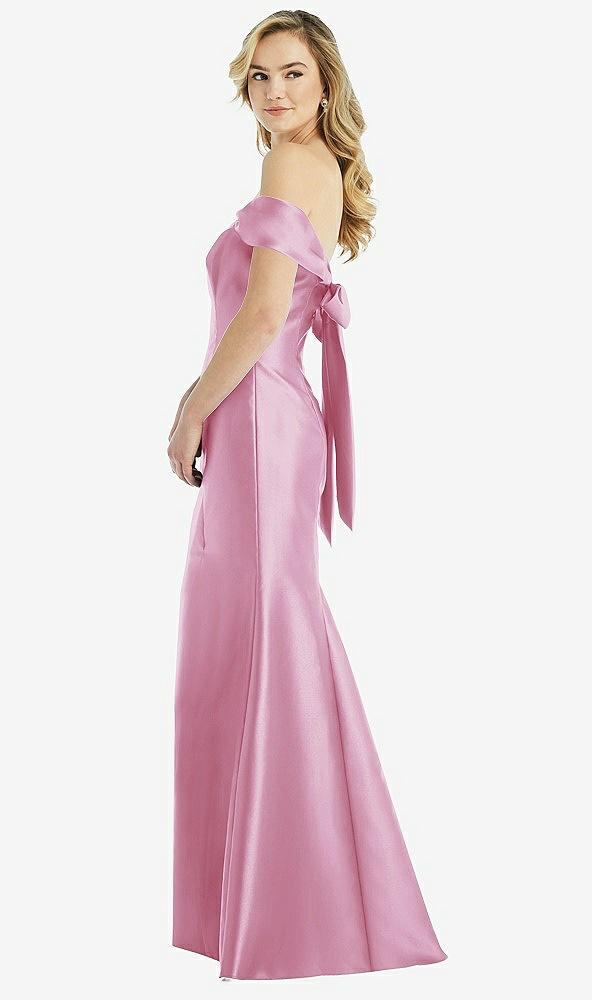 Front View - Powder Pink Off-the-Shoulder Bow-Back Satin Trumpet Gown