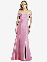 Side View Thumbnail - Powder Pink Off-the-Shoulder Bow-Back Satin Trumpet Gown