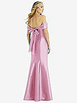 Rear View Thumbnail - Powder Pink Off-the-Shoulder Bow-Back Satin Trumpet Gown