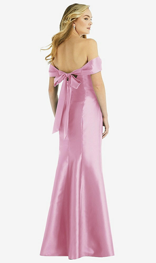 Back View - Powder Pink Off-the-Shoulder Bow-Back Satin Trumpet Gown