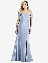 Side View Thumbnail - Sky Blue Off-the-Shoulder Bow-Back Satin Trumpet Gown