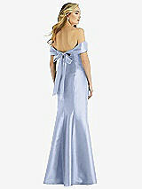 Rear View Thumbnail - Sky Blue Off-the-Shoulder Bow-Back Satin Trumpet Gown