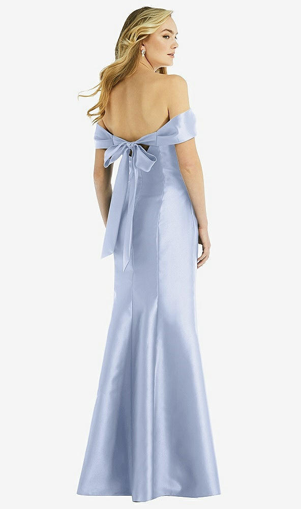 Back View - Sky Blue Off-the-Shoulder Bow-Back Satin Trumpet Gown