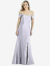 Side View Thumbnail - Silver Dove Off-the-Shoulder Bow-Back Satin Trumpet Gown