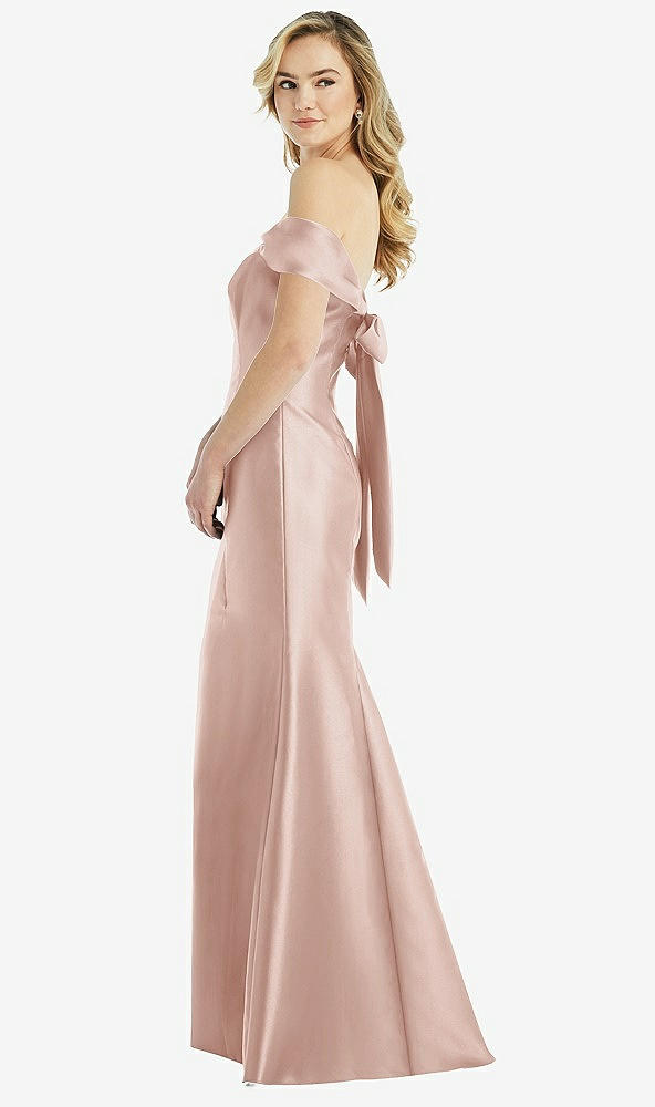 Front View - Toasted Sugar Off-the-Shoulder Bow-Back Satin Trumpet Gown