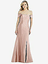 Side View Thumbnail - Toasted Sugar Off-the-Shoulder Bow-Back Satin Trumpet Gown