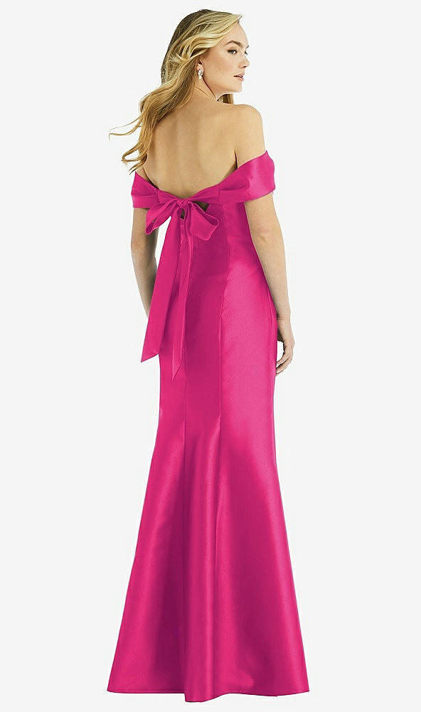 Back View - Think Pink Off-the-Shoulder Bow-Back Satin Trumpet Gown
