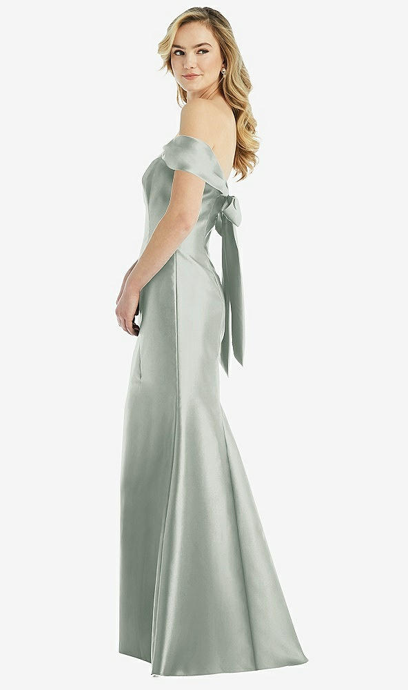 Front View - Willow Green Off-the-Shoulder Bow-Back Satin Trumpet Gown