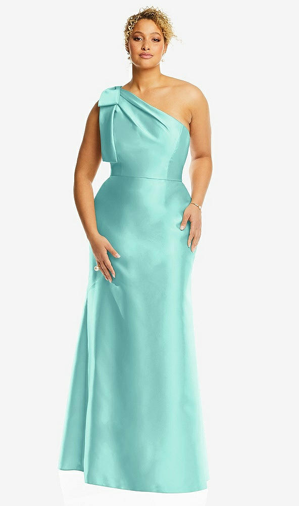 Front View - Coastal Bow One-Shoulder Satin Trumpet Gown