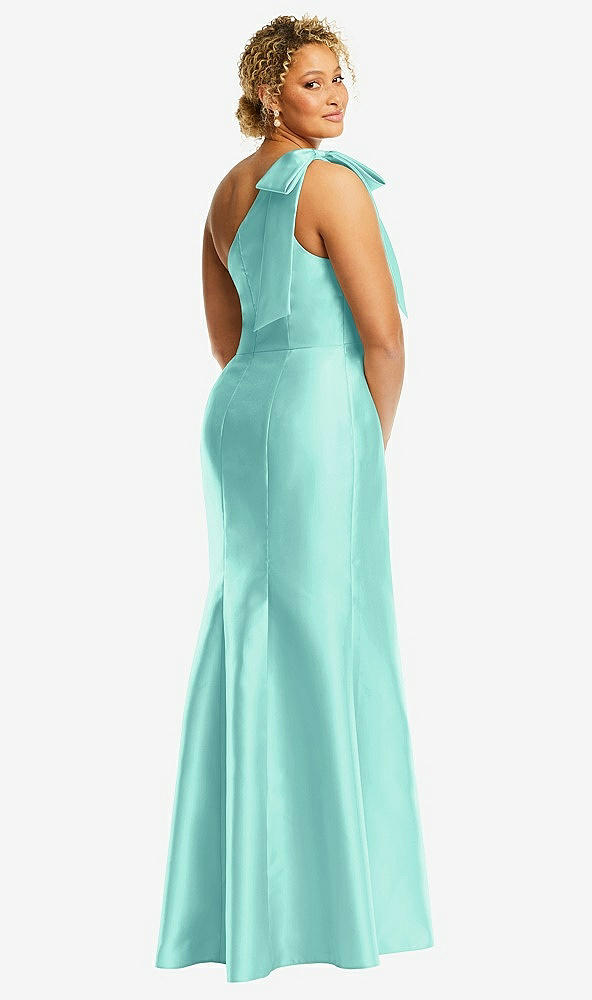 Back View - Coastal Bow One-Shoulder Satin Trumpet Gown