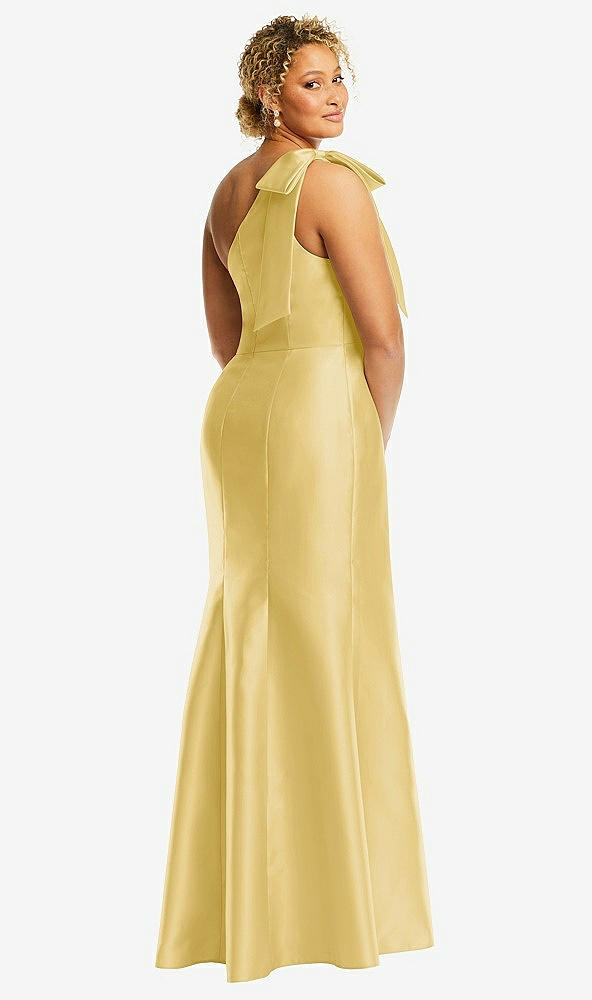 Back View - Maize Bow One-Shoulder Satin Trumpet Gown