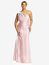 Front View Thumbnail - Ballet Pink Bow One-Shoulder Satin Trumpet Gown