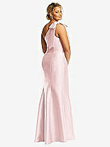 Rear View Thumbnail - Ballet Pink Bow One-Shoulder Satin Trumpet Gown