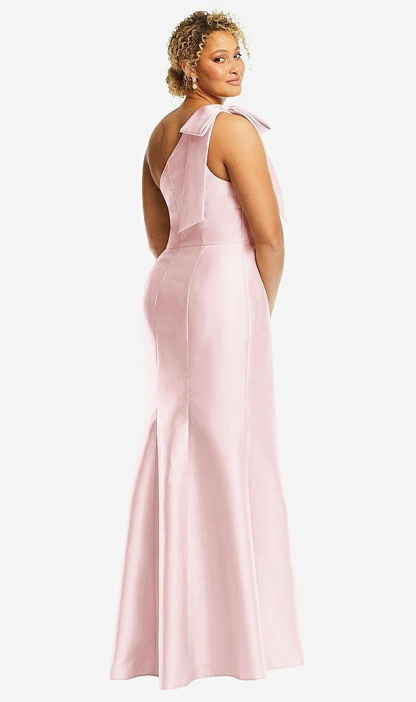 Back View - Ballet Pink Bow One-Shoulder Satin Trumpet Gown