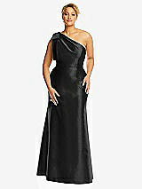 Front View Thumbnail - Black Bow One-Shoulder Satin Trumpet Gown