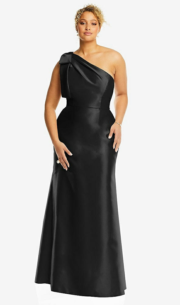 Front View - Black Bow One-Shoulder Satin Trumpet Gown