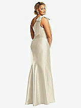 Rear View Thumbnail - Champagne Bow One-Shoulder Satin Trumpet Gown