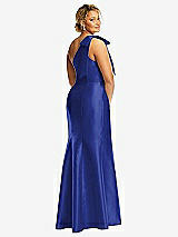 Rear View Thumbnail - Cobalt Blue Bow One-Shoulder Satin Trumpet Gown