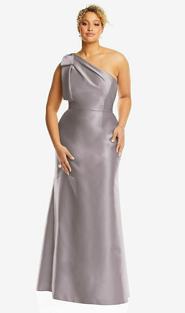 Front View - Cashmere Gray Bow One-Shoulder Satin Trumpet Gown