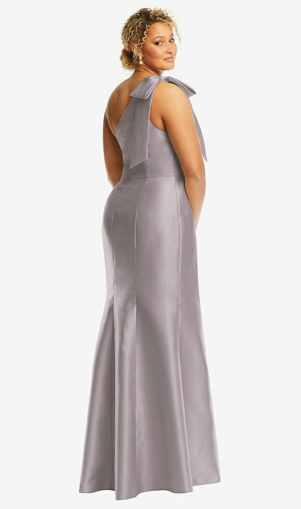 Back View - Cashmere Gray Bow One-Shoulder Satin Trumpet Gown