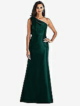 Alt View 1 Thumbnail - Evergreen Bow One-Shoulder Satin Trumpet Gown
