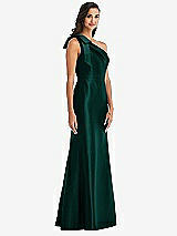 Alt View 2 Thumbnail - Evergreen Bow One-Shoulder Satin Trumpet Gown